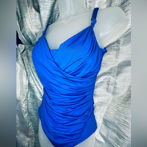 Jantzen Blue Classic Surplice Draped V-Neck One Piece Tummy Control Swimsuit ~14 - Picture 9 of 12